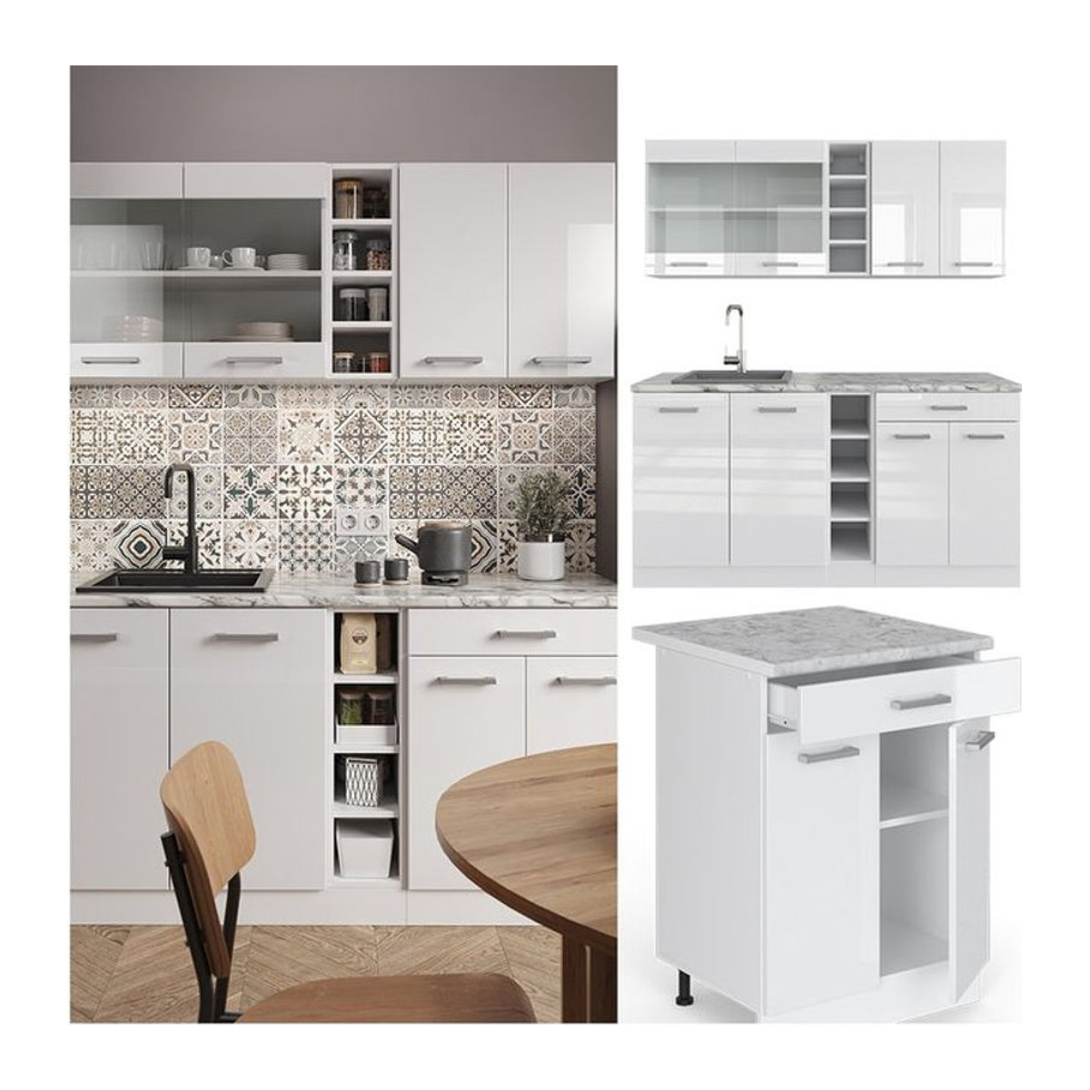 Vicco Küchenzeile R-Line Single Modern Weiß Hochglanz mit Drehtüren Breite: 160 cm - Bild 1