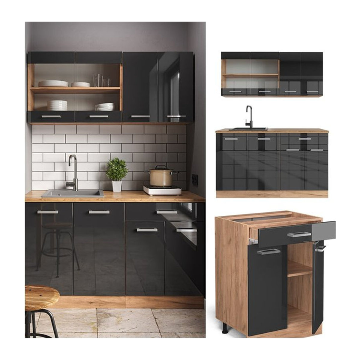 Vicco Küchenzeile R-Line Singleküche in Anthrazit Hochglanz und Goldkraft Eiche mit einer Breite von 140 cm - Bild 1
