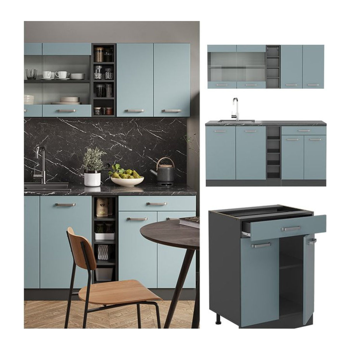 Vicco Küchenzeile R-Line Solid in Anthrazit, Blau und Grau mit 160 cm Breite und Drehtüren im modernen Design - Bild 1