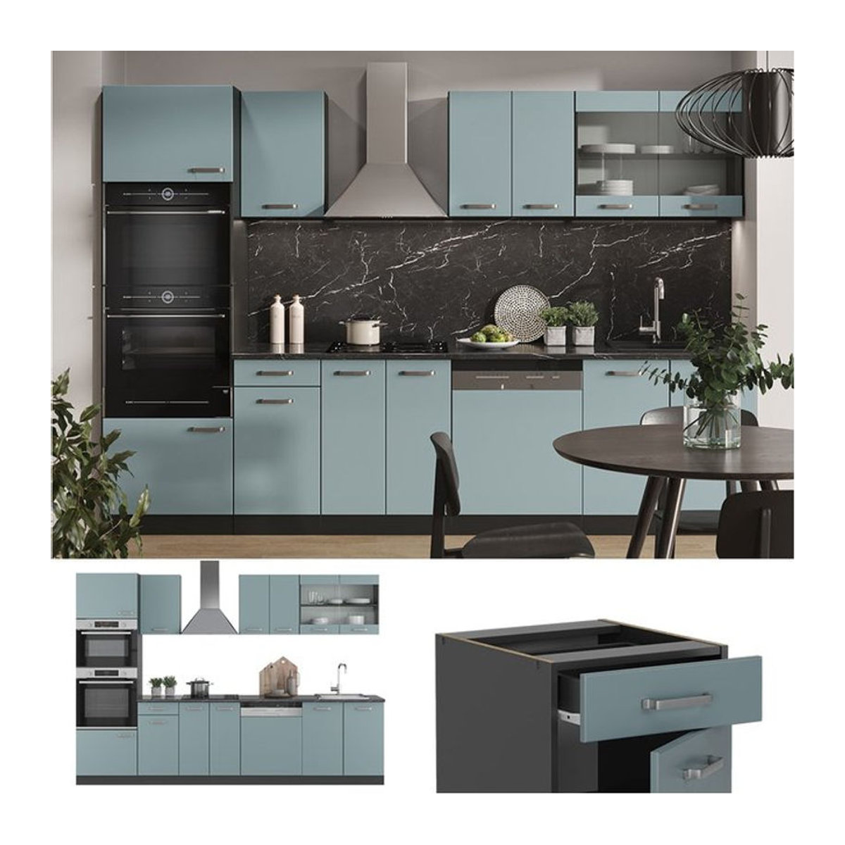 Vicco Küchenzeile R-Line Solid in Anthrazit, Blau und Grau mit Drehtüren, 300 cm Breite, modern gestaltete Küchenmöbel - Bild 1