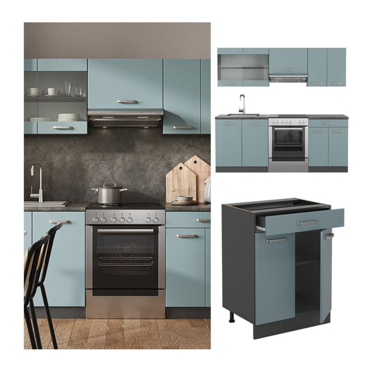 Vicco Küchenzeile R-Line Solid in Anthrazit, Blau und Grau mit Drehtüren, Breite: 200 cm - Bild 1