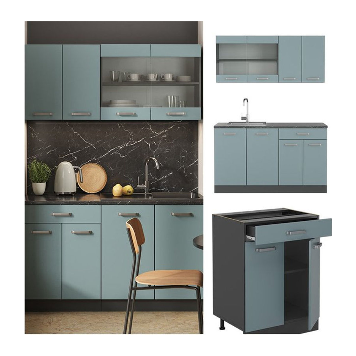 Vicco Küchenzeile R-Line Solid in Anthrazit, Blau und Grau mit Drehtüren, modern, Breite: 140 cm - Bild 1