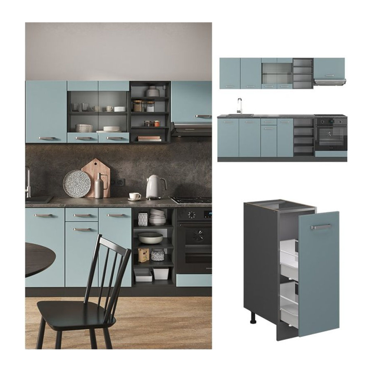 Vicco Küchenzeile R-Line Solid in Anthrazit, Blau und Grau mit Drehtüren, modern, Breite: 240 cm - Bild 1