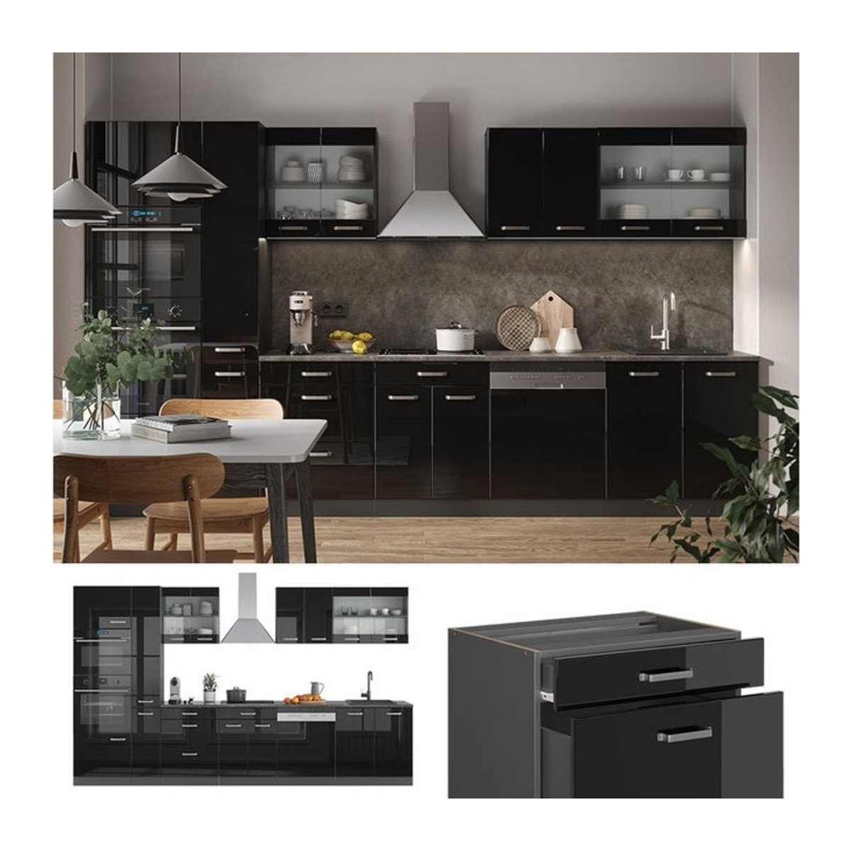 Vicco Küchenzeile R-Line Solid in Anthrazit und Schwarz, modern mit Drehtüren, Breite: 350 cm - Bild 1