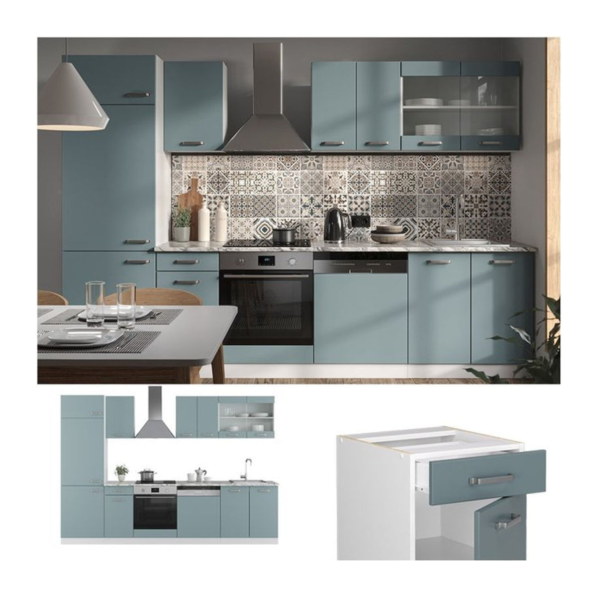 Vicco Küchenzeile R-Line Solid Modern in Weiß Blau Grau mit 300 cm Arbeitsplatte und Drehtüren - Bild 1