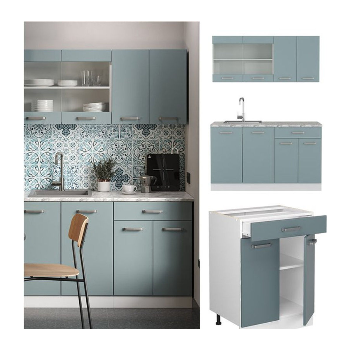 Vicco Küchenzeile R-Line Solid Modern in Weiß, Blau und Grau mit 140 cm Arbeitsplatte und Drehtüren - Bild 1