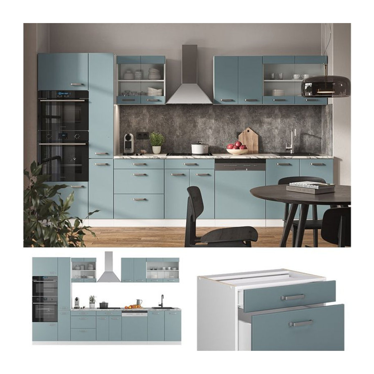 Vicco Küchenzeile R-Line Solid Modern in Weiß, Blau und Grau mit 350 cm Arbeitsplatte und Drehtüren - Bild 1