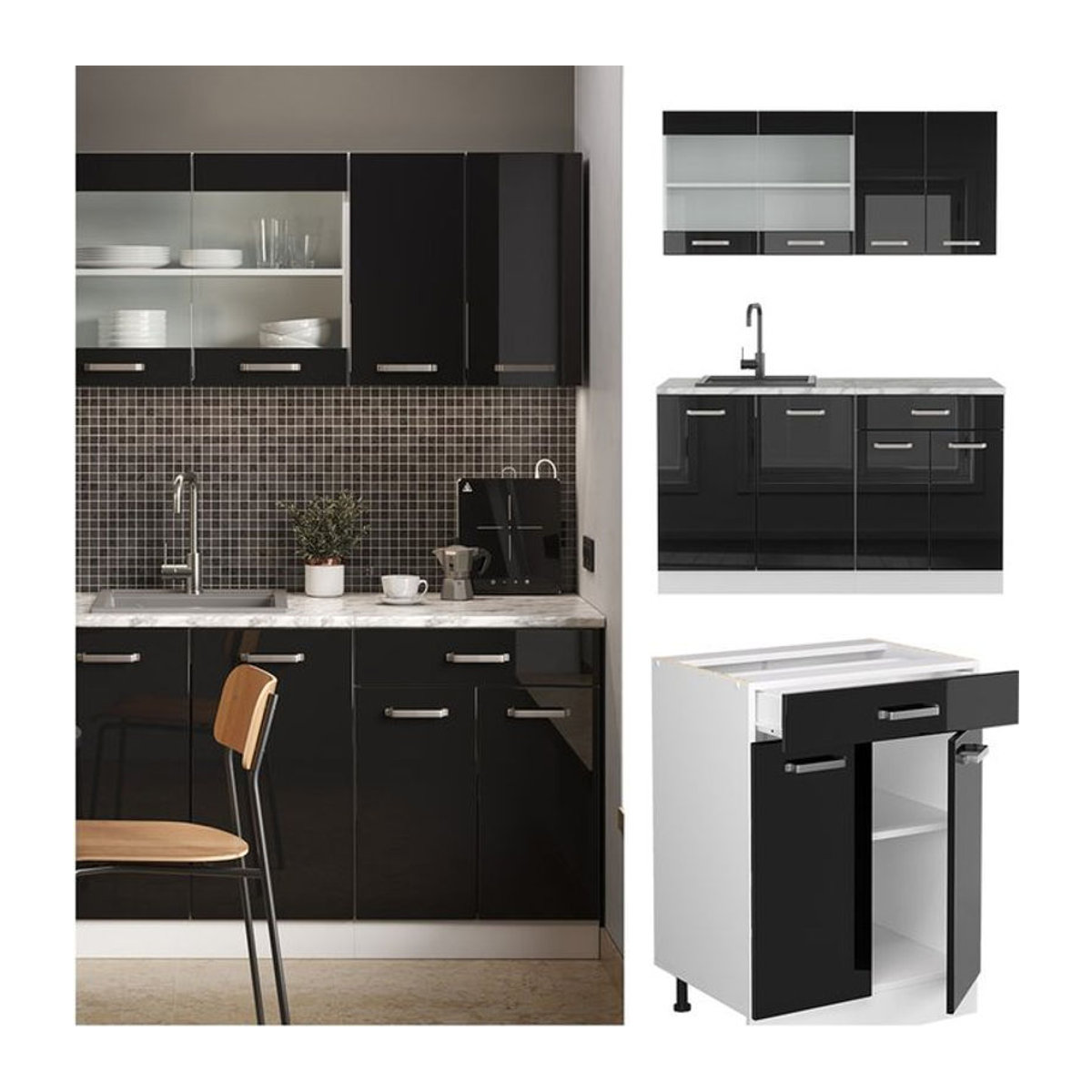 Vicco Küchenzeile R-Line Solid Modern in Weiß und Schwarz mit 140 cm Arbeitsplatte und Drehtüren - Bild 1