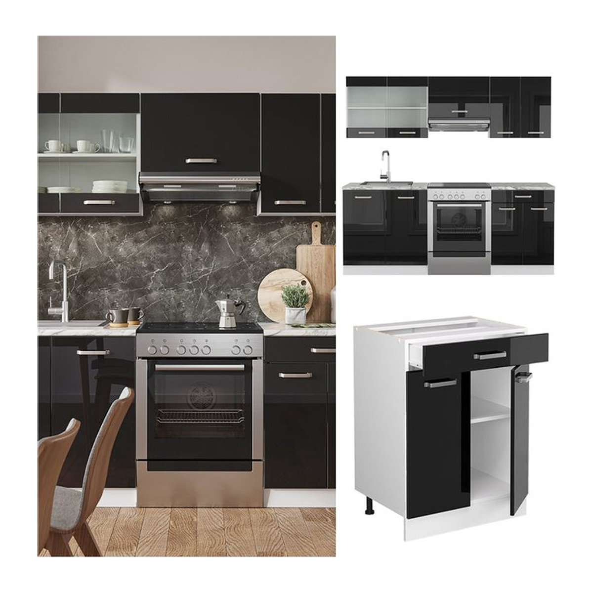Vicco Küchenzeile R-Line Solid Modern in Weiß und Schwarz mit 200 cm Breite - Bild 1