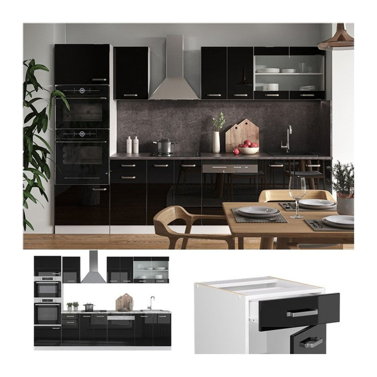 Vicco Küchenzeile R-Line Solid Modern in Weiß und Schwarz mit 300 cm Arbeitsplatte und Drehtüren - Bild 1