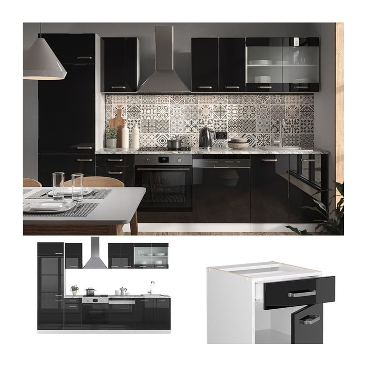 Vicco Küchenzeile R-Line Solid Modern in Weiß und Schwarz mit Drehtüren, Breite: 300 cm - Bild 1