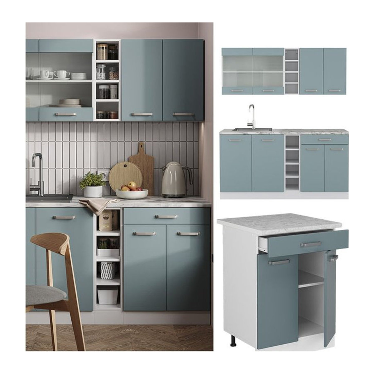 Vicco Küchenzeile R-Line Solid Moderne Küchenschränke in Weiß, Blau und Grau mit 160 cm Breite - Bild 1