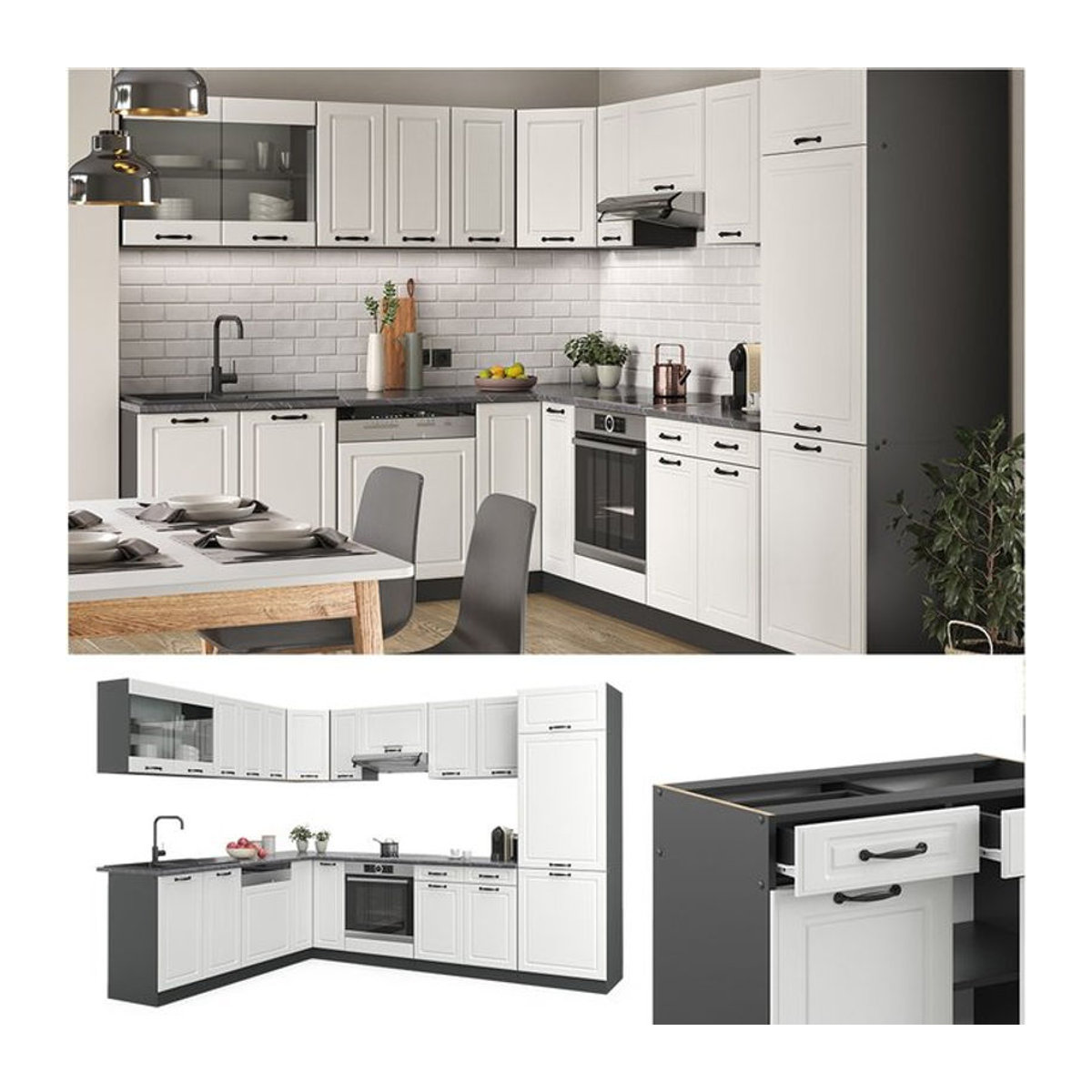Vicco Küchenzeile R-Line Winkelküche im Landhausstil mit Drehtüren, Anthrazit, B: 287 cm, H: 227 cm - Bild 1