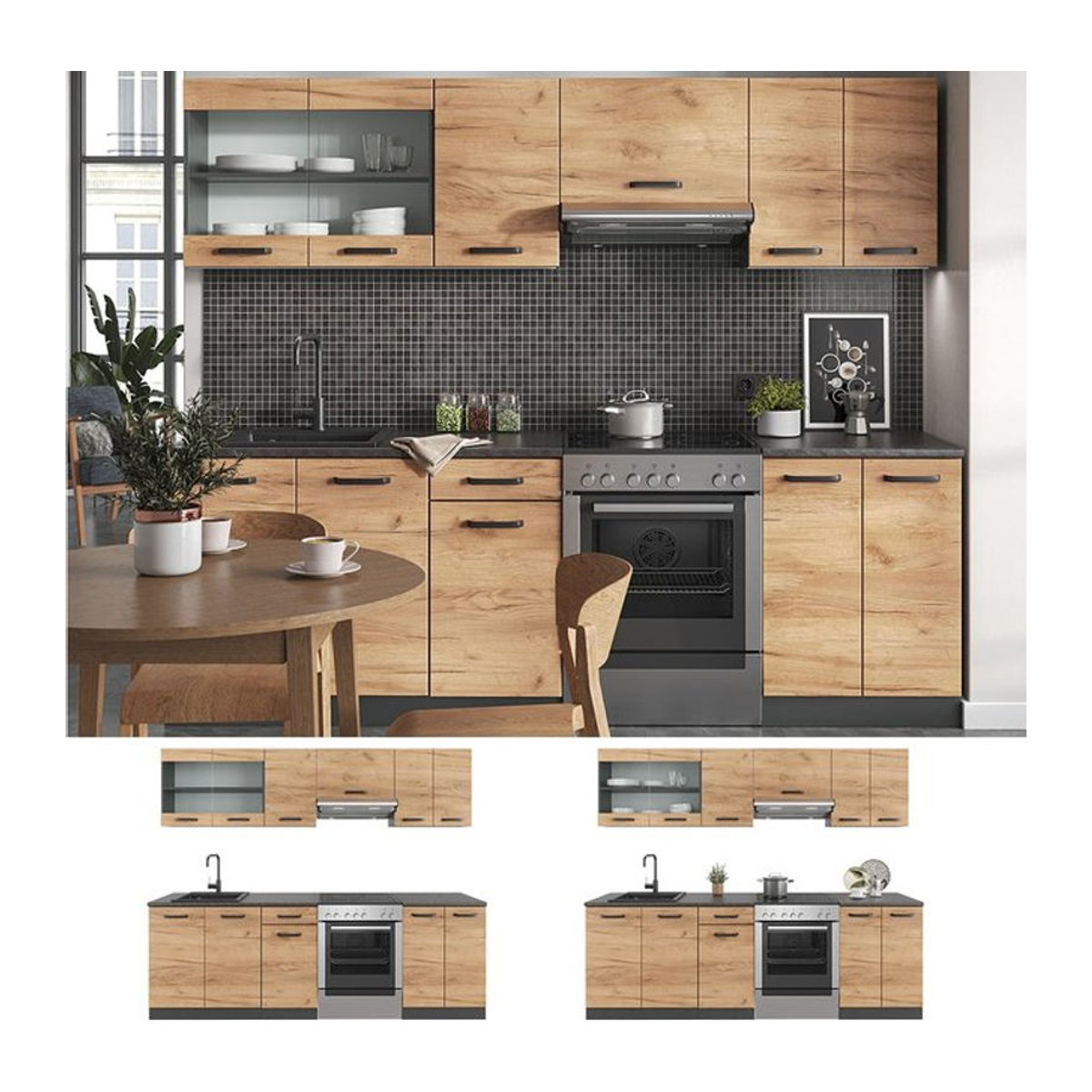 Vicco Küchenzeile Raul Einbauküche in Anthrazit und Eiche Natur, Breite: 240 cm, modernes Design mit Schränken und Arbeitsplatte - Bild 1