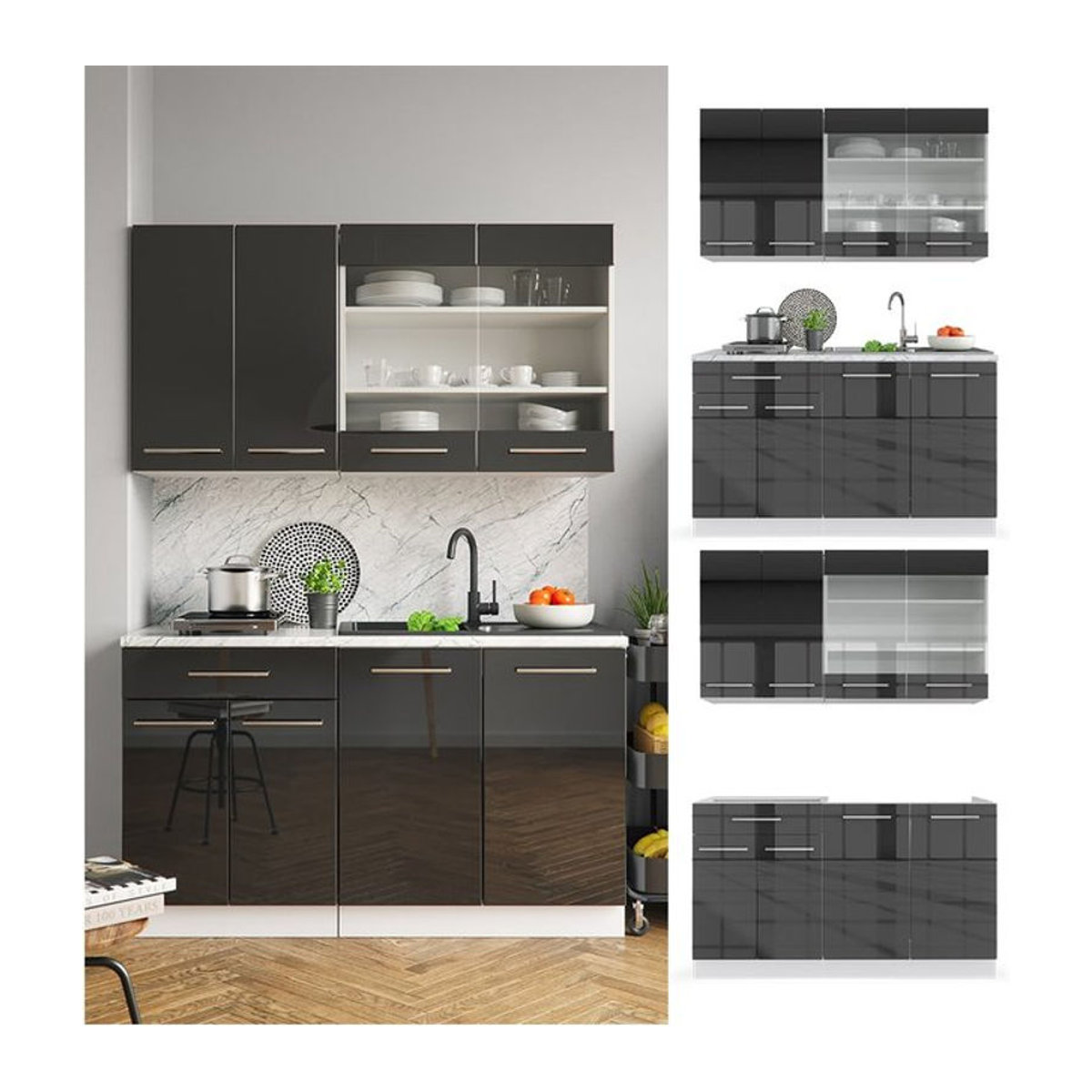 Vicco Küchenzeile Single Einbauküche Fame-Line in Anthrazit und Grau mit Hochglanz-Finish und Drehtüren, Breite: 140 cm - Bild 1