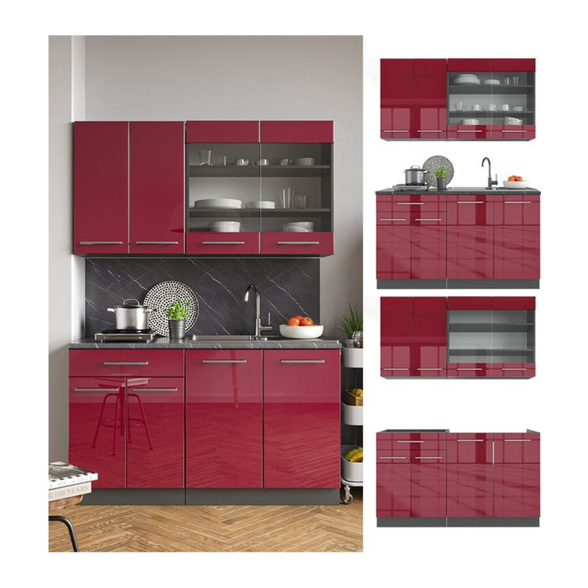 Vicco Küchenzeile Single Einbauküche Fame-Line in Bordeaux Hochglanz mit 140 cm Breite - Bild 1