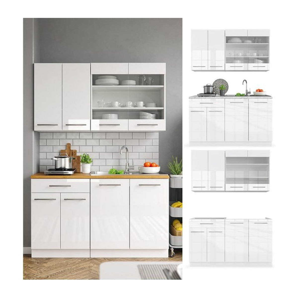 Vicco Küchenzeile Single Einbauküche Fame-Line in Weiß Hochglanz mit 140 cm Breite - Bild 1
