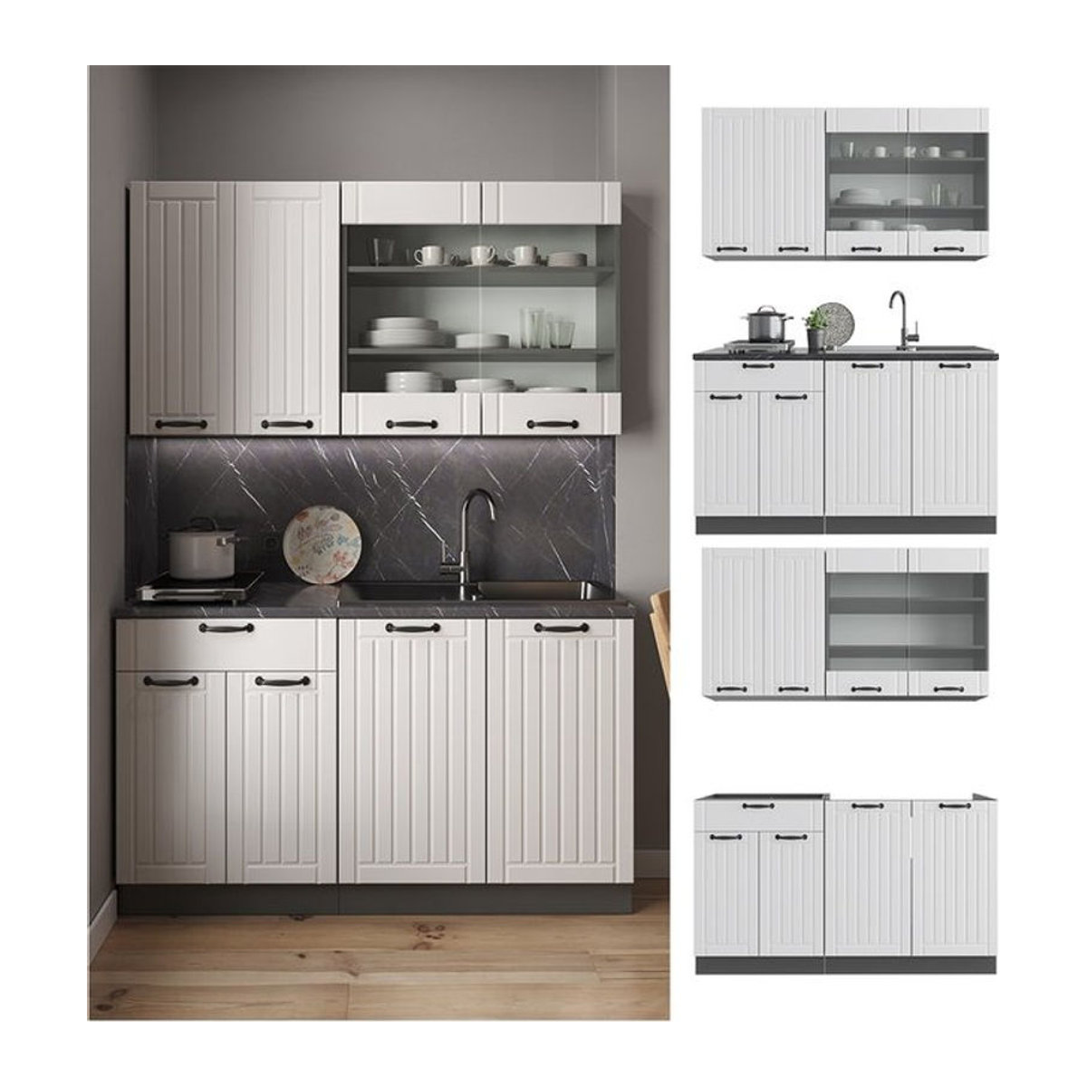 Vicco Küchenzeile Single Einbauküche Fame-Line Landhaus Stil Anthrazit Breite: 140 cm - Bild 1