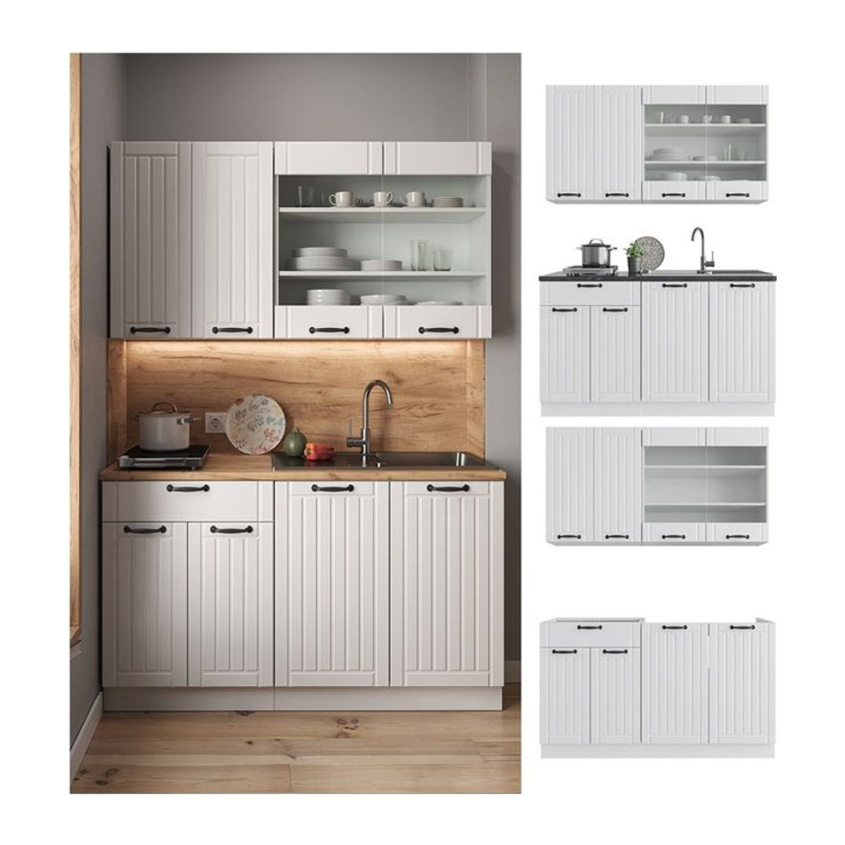 Vicco Küchenzeile Single Einbauküche Fame-Line Landhaus Stil Weiß 140 cm - Bild 1