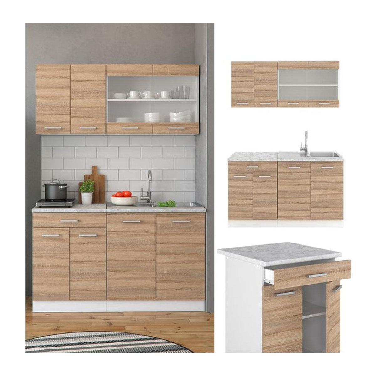 VICCO Küchenzeile SINGLE Einbauküche in Eiche Natur, Breite: 140 cm - Bild 1