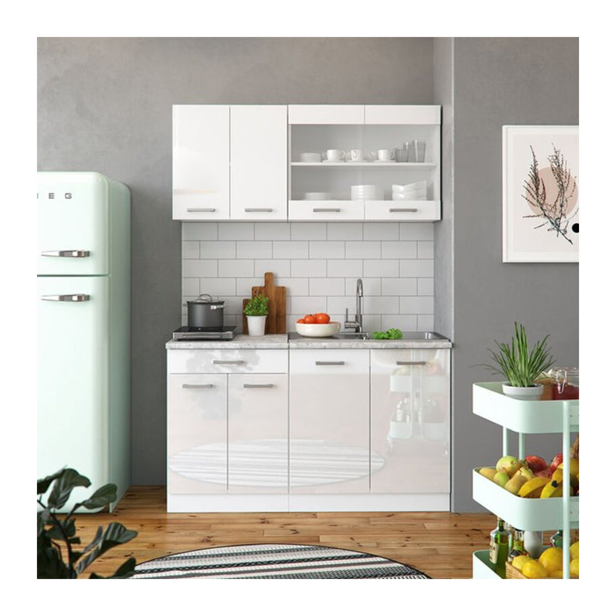Vicco Küchenzeile SINGLE Einbauküche R-Line in Weiß Hochglanz, Breite: 140 cm - Bild 2