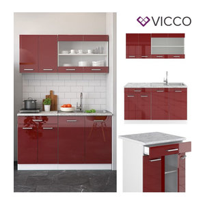 Vicco Küchenzeile Single R-Line in Rot Bordeaux Hochglanz und Weiß mit Marmor-Optik, 140 cm Breite