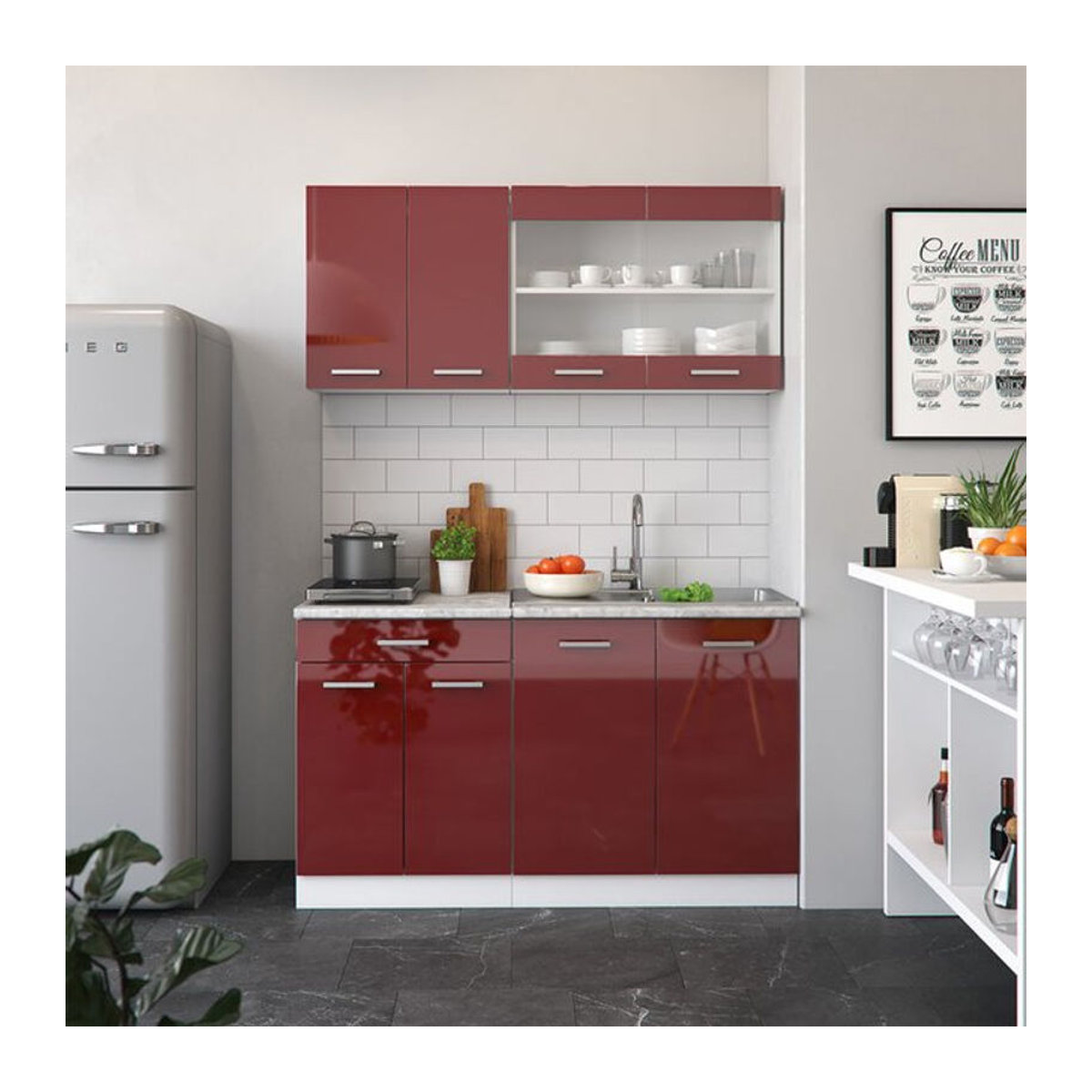 Vicco Küchenzeile Single R-Line in Rot Bordeaux Hochglanz und Weiß mit Marmor-Optik, 140 cm Breite - Bild 2