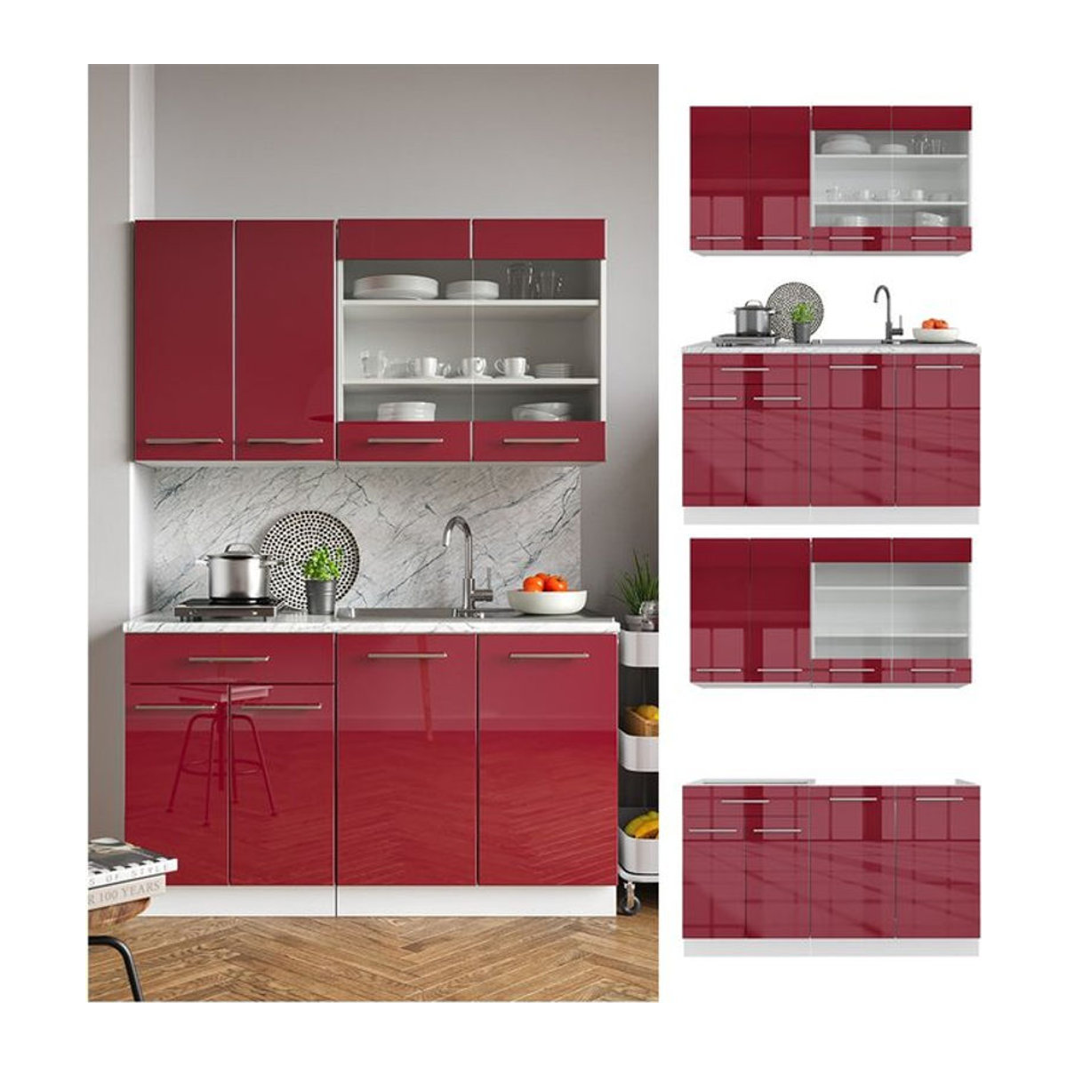 Vicco Küchenzeile Singleküche Fame-Line in Rot mit Hochglanz Fronten und Drehtüren, Breite: 140 cm - Bild 1