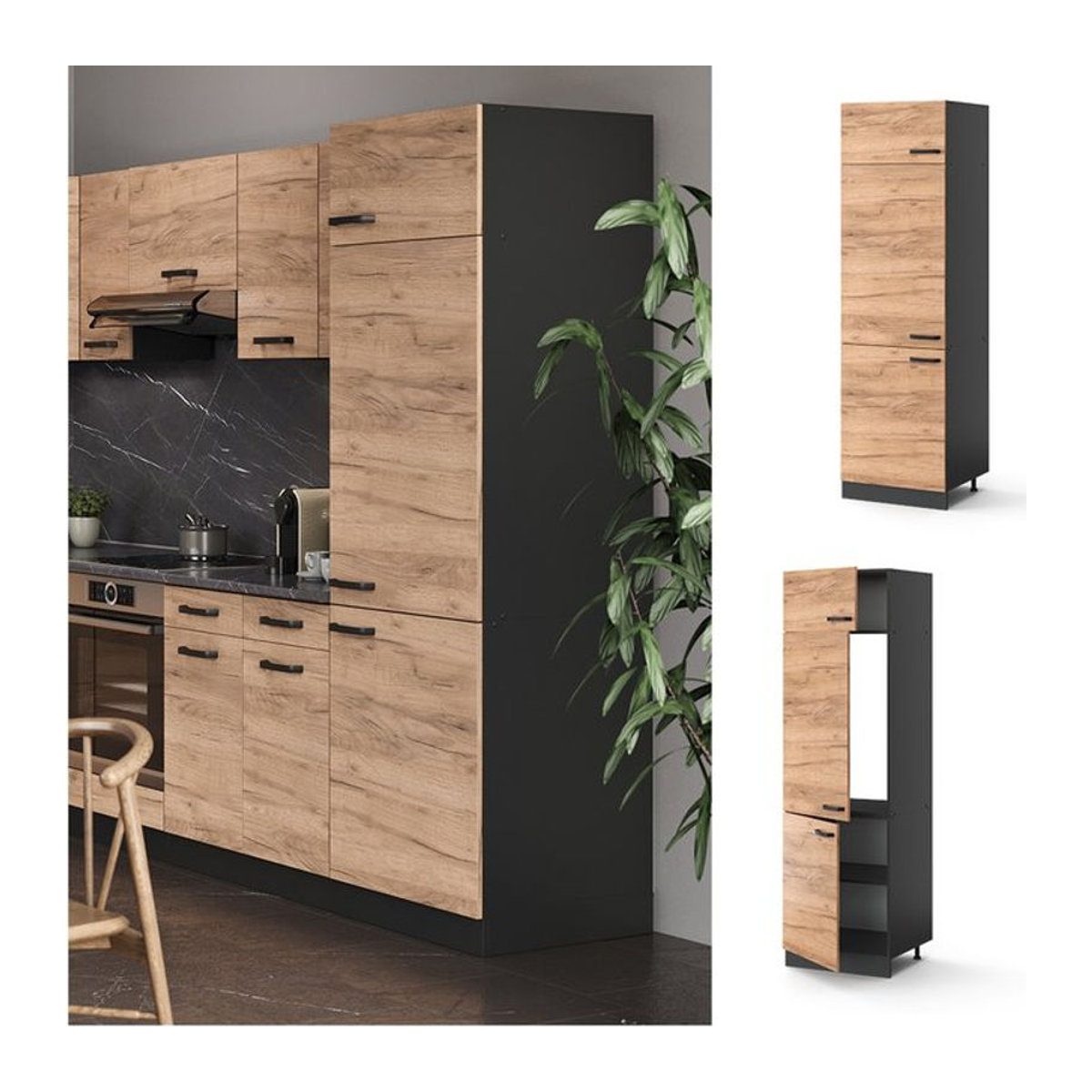 Vicco Kühlumbauschrank R-Line Unterschrank in Eiche Natur oder Anthrazit, Breite: 60 cm, Höhe: 207 cm, Tiefe: 57,2 cm - Bild 2