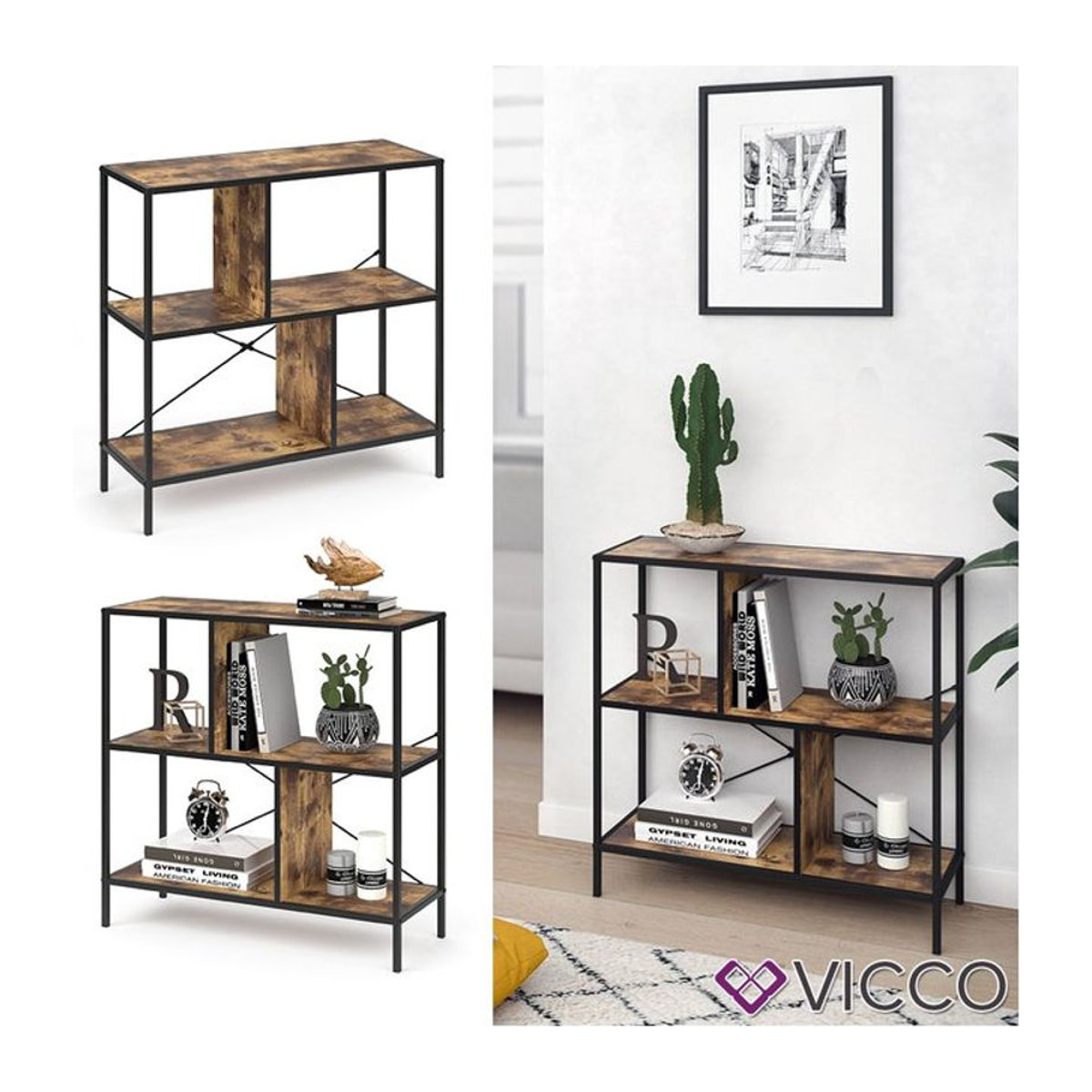 Vicco Loft Bücherregal FYRK in Braun im Industrial Retro Design als Wandregal oder Standregal aus Metall und Holzwerkstoff B/H/T: 79 x 80 x 30 cm - Bild 1