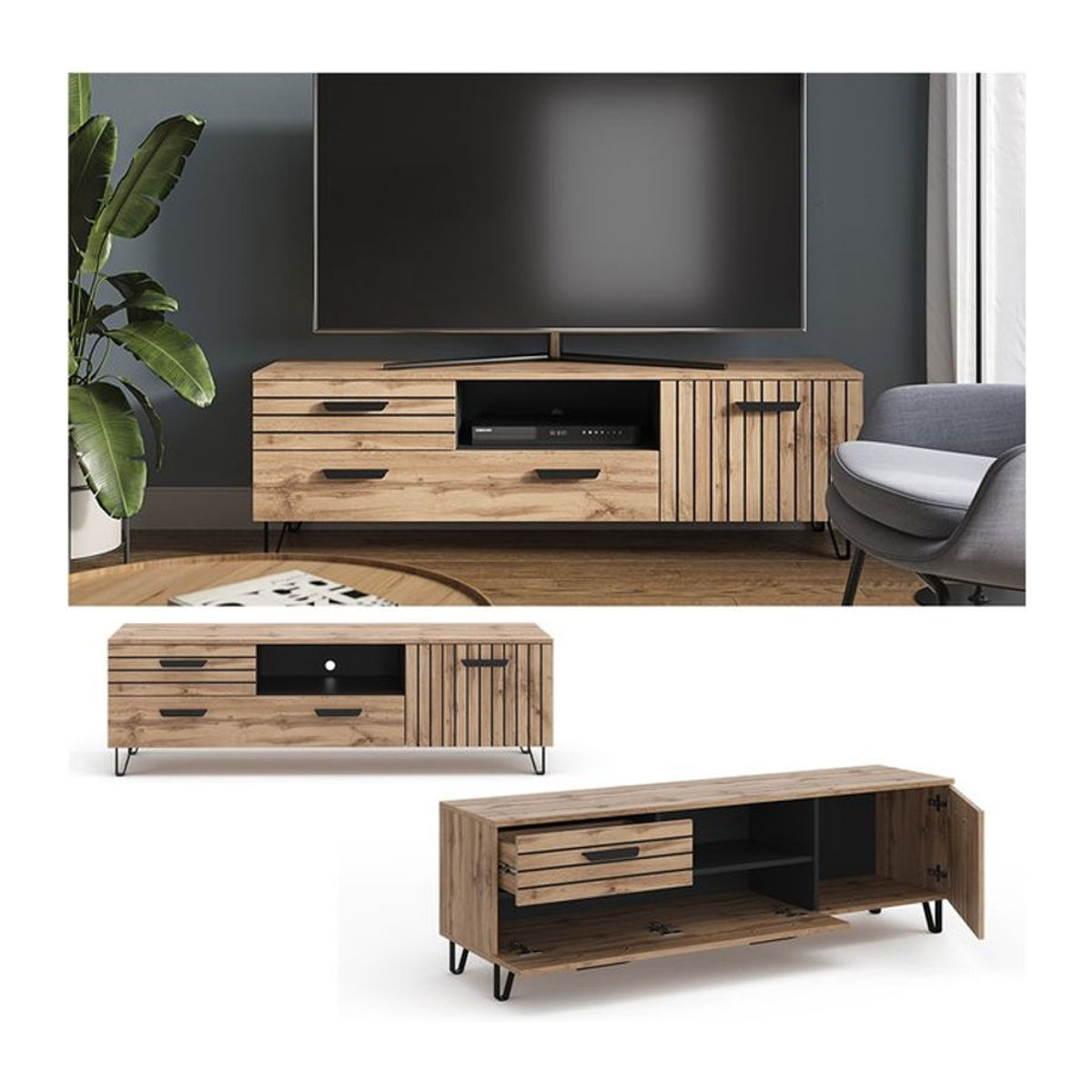 Vicco Lowboard Amber TV-Regal in Eiche Natur, Modernes Fernsehregal mit Holz-Optik, B: 150 cm, H: 38 cm, T: 49 cm - Bild 2