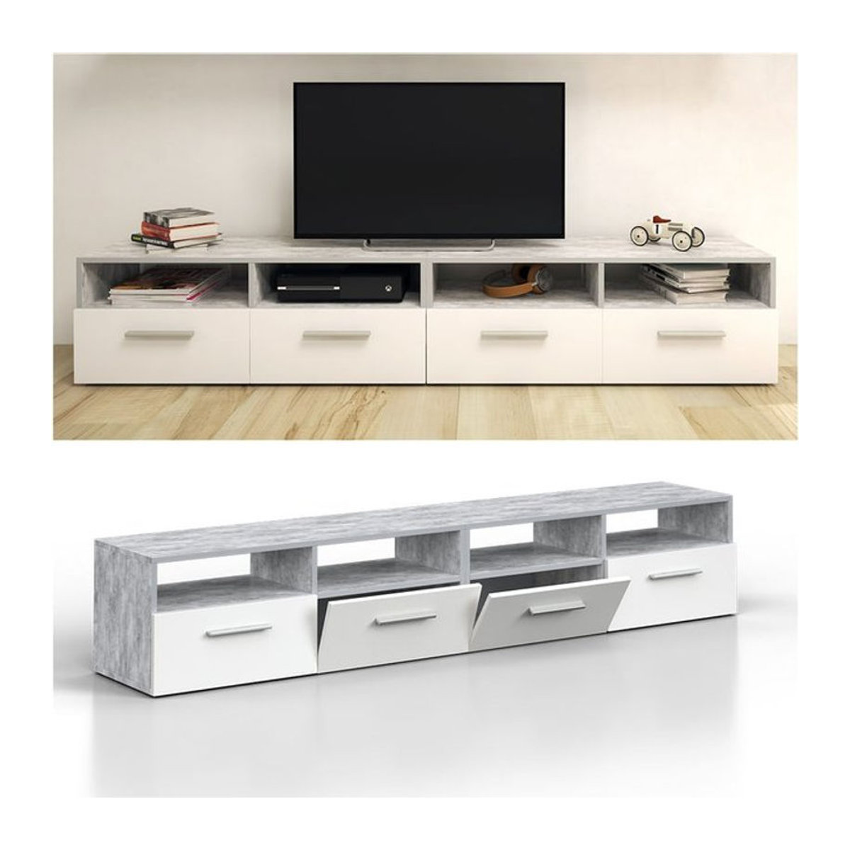 Vicco Lowboard Diego Fernsehschrank in Beton-Optik, Grau/Weiß, B: 95 cm, T: 38 cm, H: 33,2 cm - Bild 1