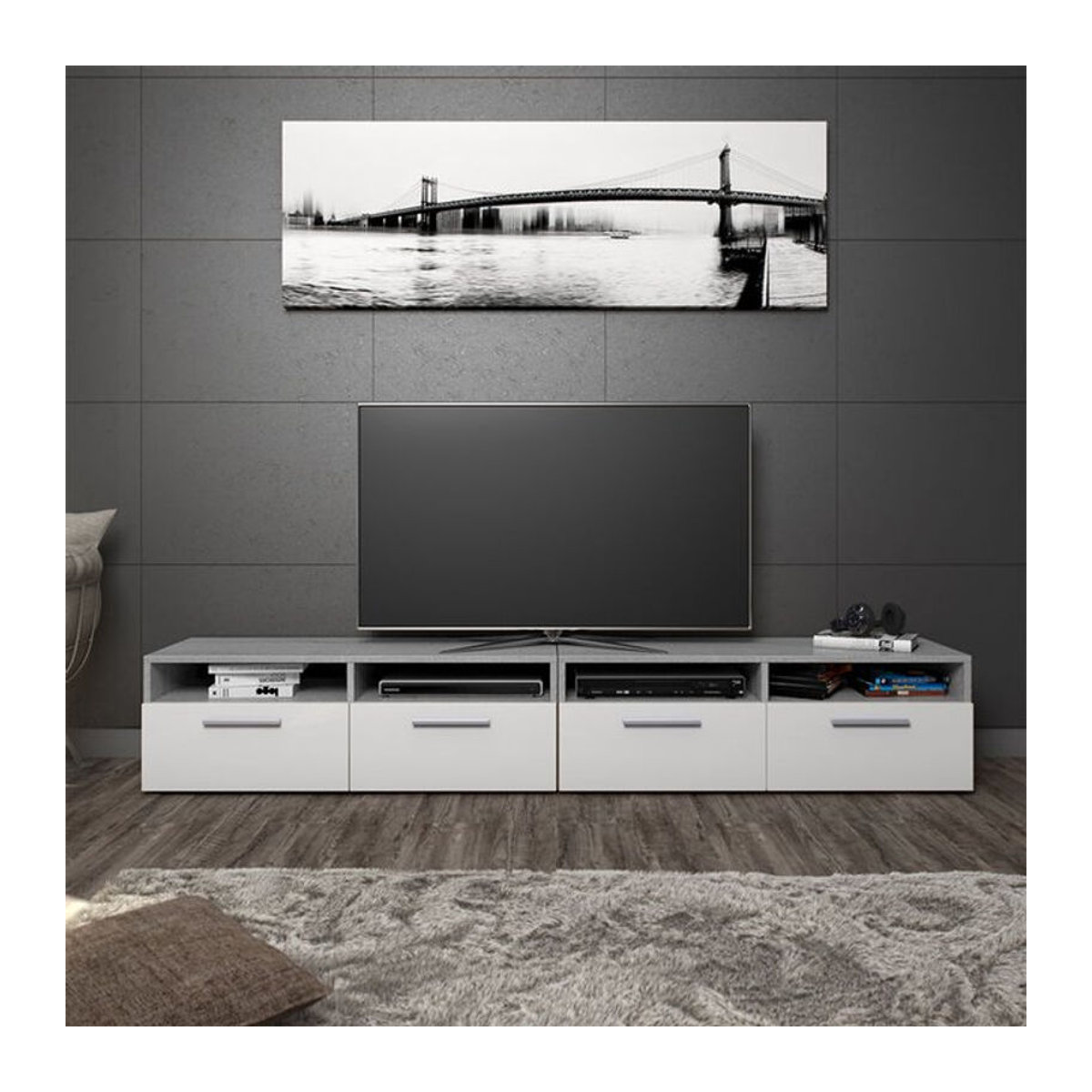 Vicco Lowboard Diego Fernsehschrank in Beton-Optik, Grau/Weiß, B: 95 cm, T: 38 cm, H: 33,2 cm - Bild 2