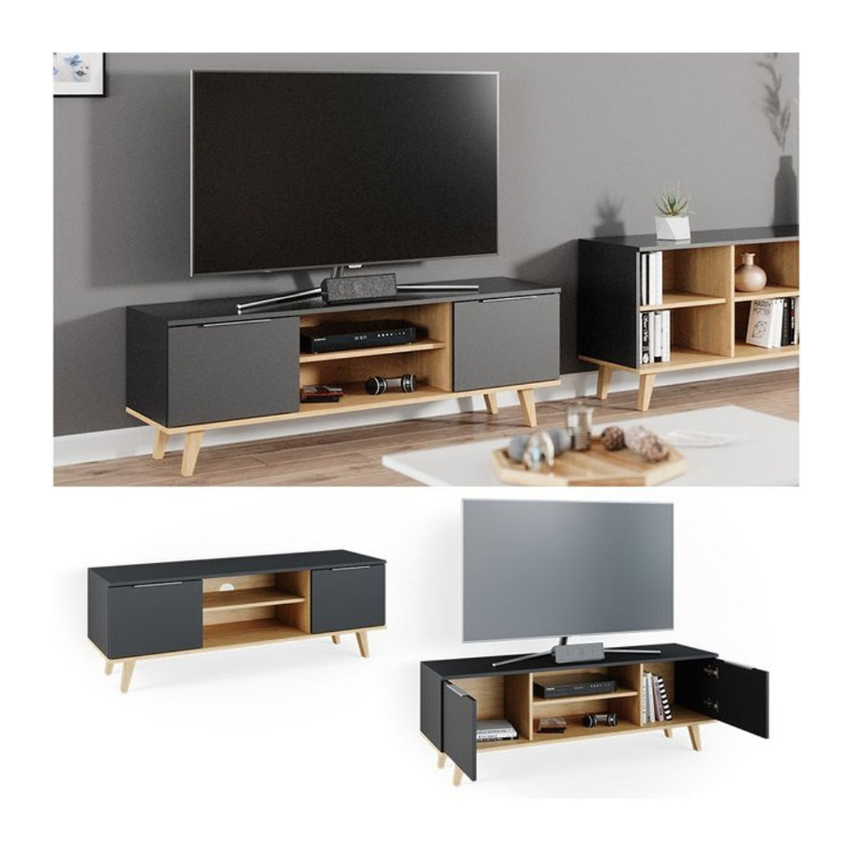 Vicco Lowboard Neptune Fernsehschrank Sideboard in Anthrazit/Buche B: 138 cm, T: 49 cm, H: 40 cm - Bild 1