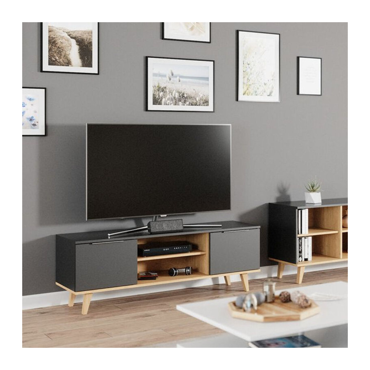 Vicco Lowboard Neptune Fernsehschrank Sideboard in Anthrazit/Buche B: 138 cm, T: 49 cm, H: 40 cm - Bild 2