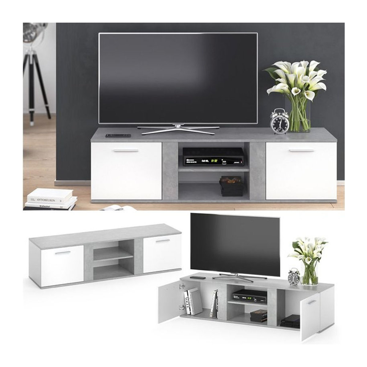 Vicco Lowboard Novelli Fernsehschrank in Weiß und Beton, B: 155 cm, T: 41 cm, H: 37,12 cm - Bild 1