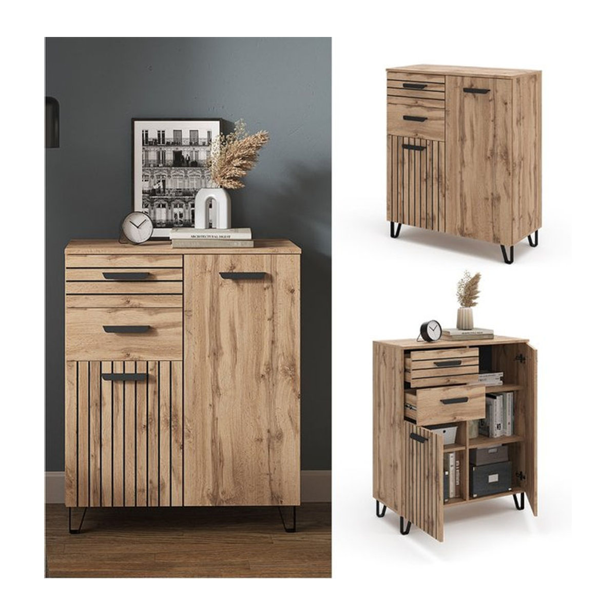 Vicco Mehrzweckschrank Amber Eiche Natur Braun, B: 100 cm, H: 80 cm - Bild 2
