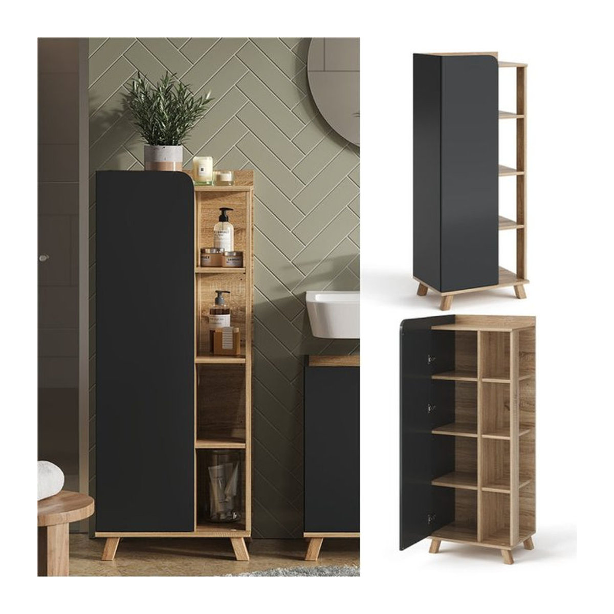 Vicco Midischrank Karen Modern in Sonoma Anthrazit mit Tür und offenen Fächern B: 50 cm, H: 128 cm - Bild 1