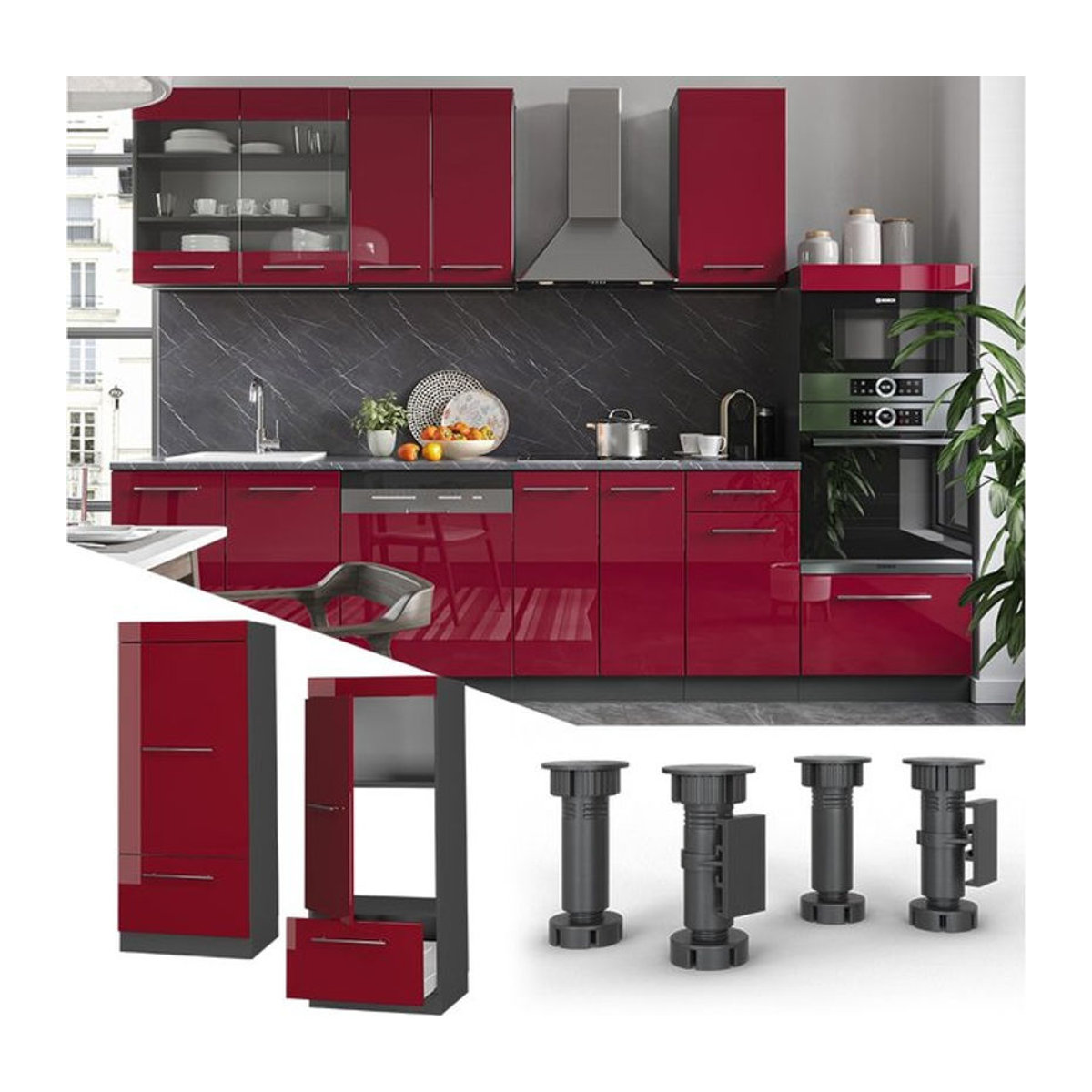 Vicco Mikrowellenumbauschrank Fame-Line Hochglanz in Anthrazit und Bordeaux Rot, moderner Vorratsschrank mit Drehtüren, Breite: 60 cm, Höhe: 250,67 cm - Bild 1