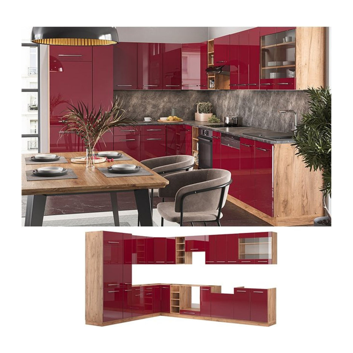 Vicco Moderne Winkelküche in Rot mit Drehtüren B/T/H: 257 x 347 cm - Bild 1
