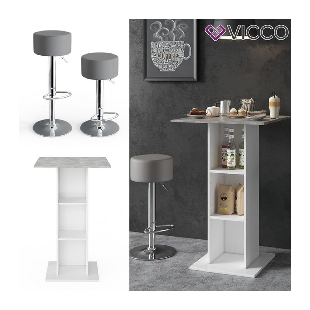 VICCO Moderner Bartisch in Weiß mit Beton-Optik inklusive Barhocker - Bild 1