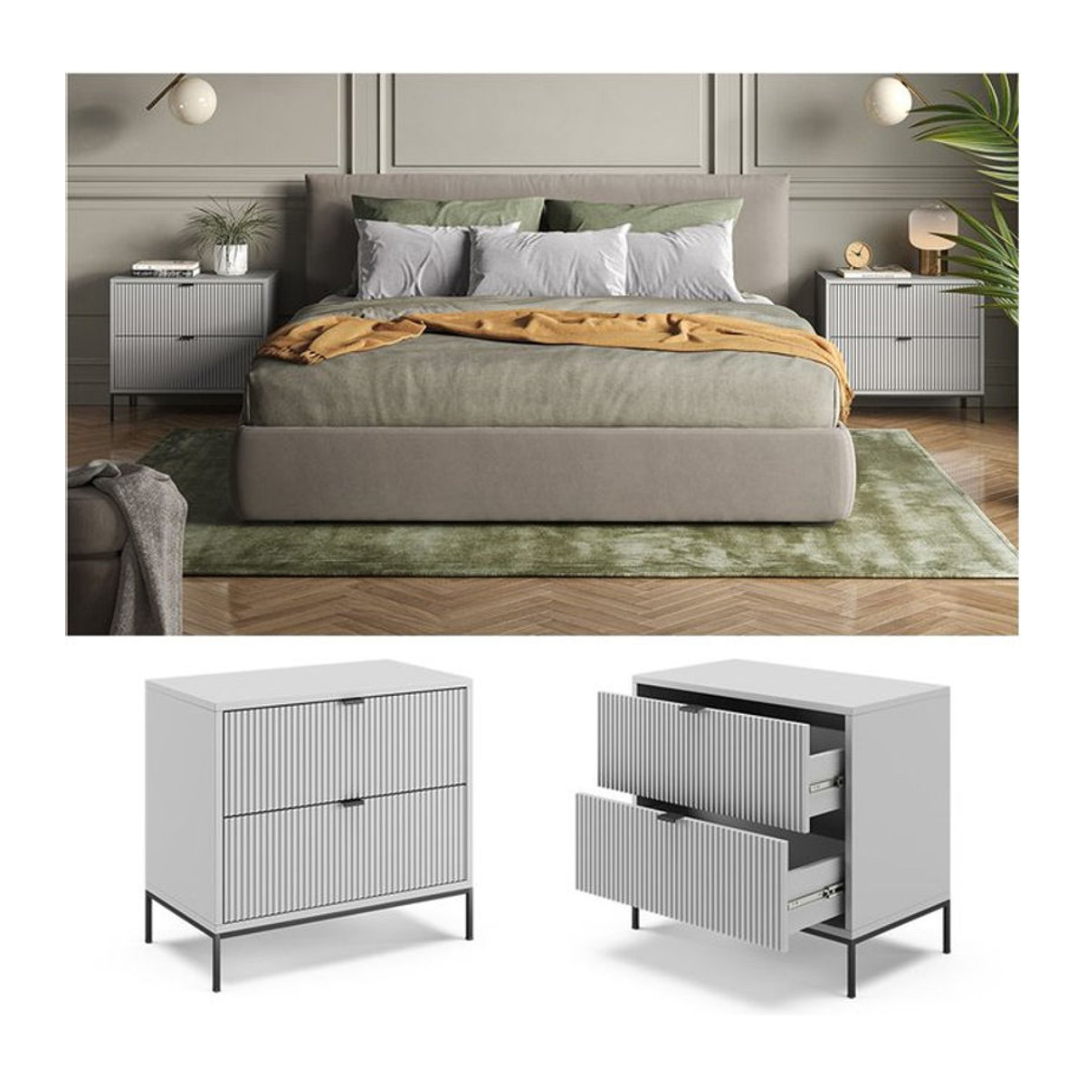 Vicco Nachtkommode Eliza 2er Set, Grau, Modern, Höhe: 66 cm, Breite: 36 cm, Tiefe: 36 cm - Bild 2