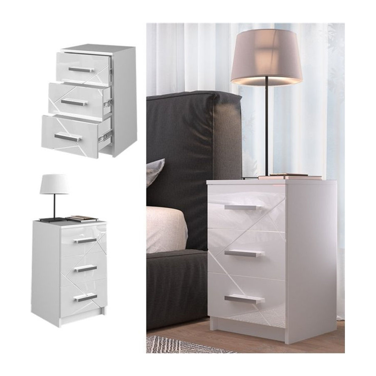 Vicco Nachtkommode Irma 2er Set Weiß mit Schublade und Ablage, B: 37,6 cm, T: 35,5 cm, H: 66 cm - Bild 1