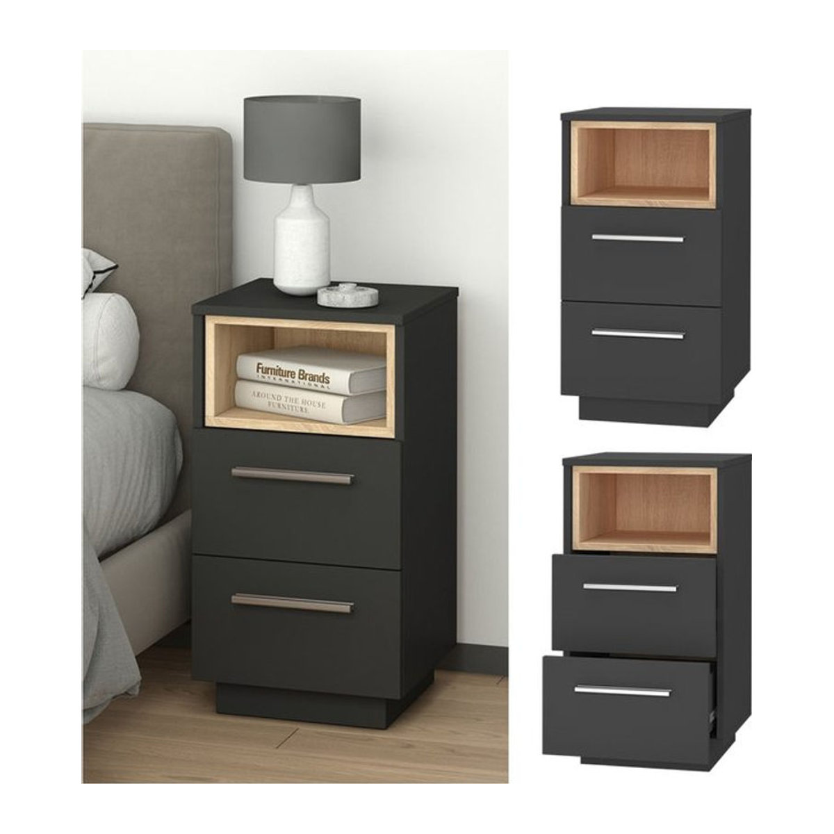 Vicco Nachtschrank Beatrice 2er Set in Anthrazit mit 2 Schubladen Modern - Bild 1