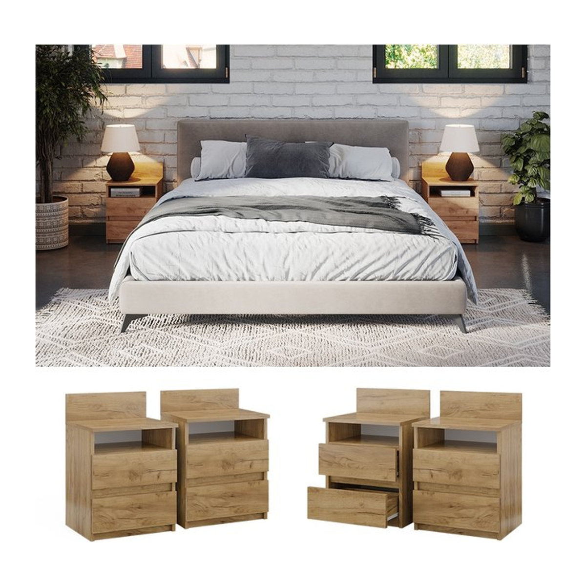 Vicco Nachttisch 2er Set Monty in Goldkraft Eiche mit 2 Schubfächern, B: 39,6 cm, H: 59,1 cm - Bild 1