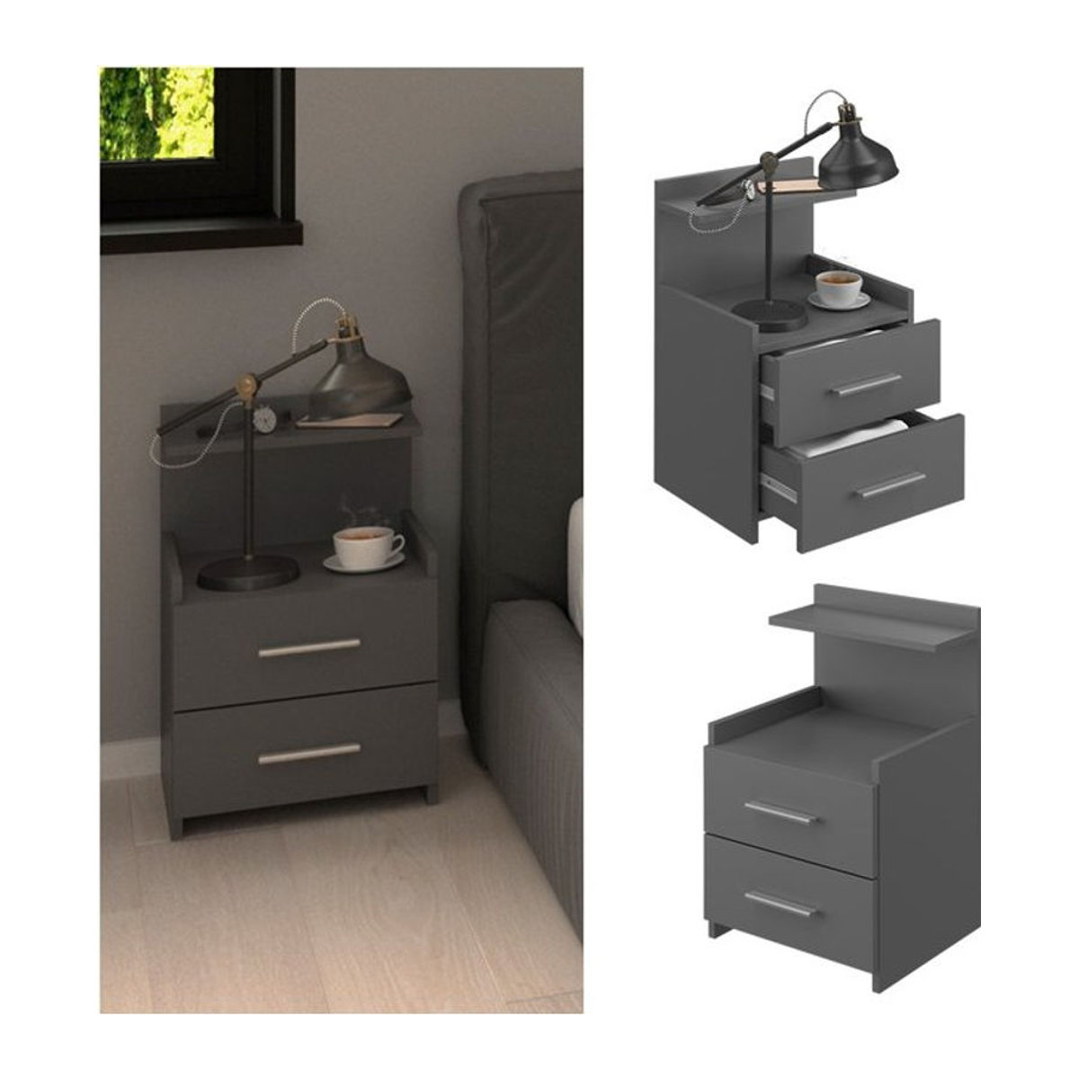 Vicco Nachttisch Alpin ANT in Anthrazit mit 2 Schubladen im modernen Design - Bild 1