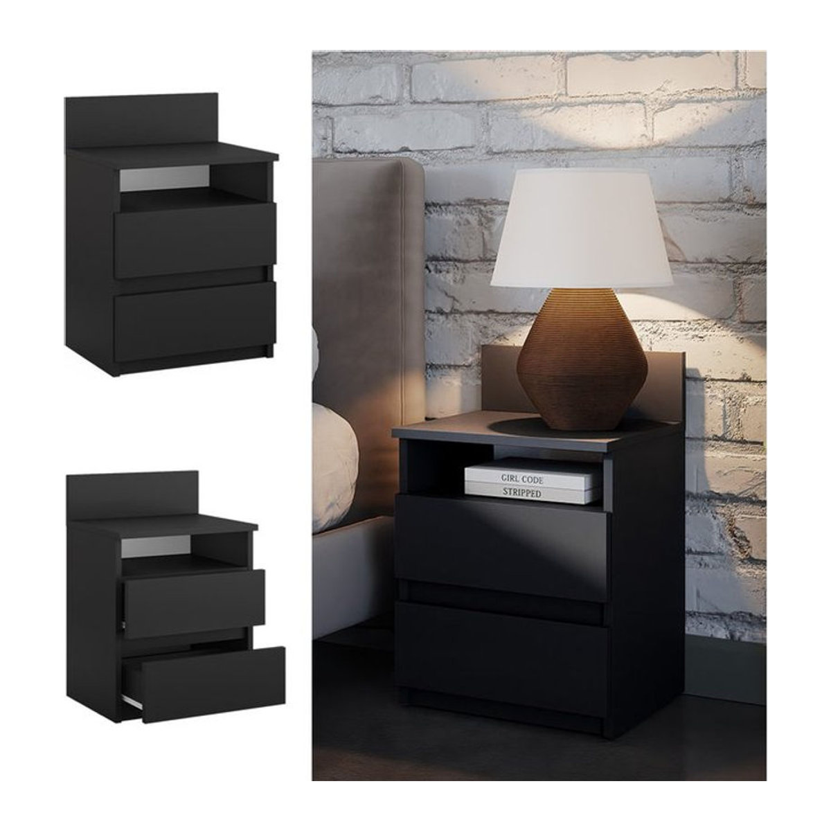 Vicco Nachttisch Monty in Schwarz mit 2 Schubfächern, Modern, B: 59,1 cm, H: 59,1 cm - Bild 1