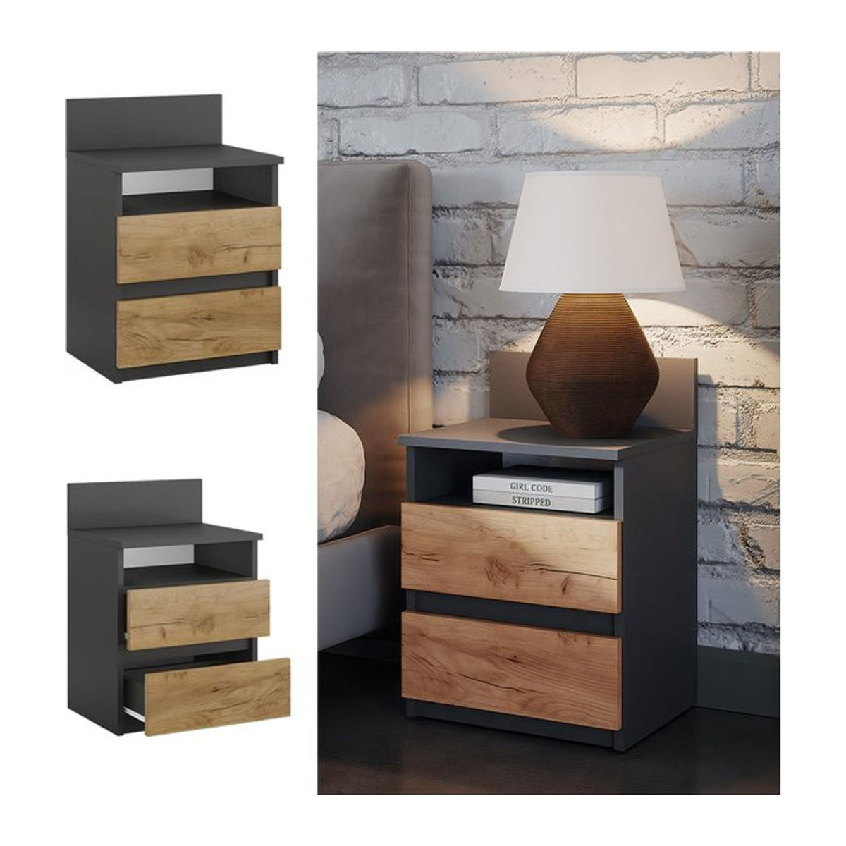 Vicco Nachttisch Monty Modern in Anthrazit Eiche mit 2 Schubfächern, B: 39,6 cm, H: 59,1 cm - Bild 1