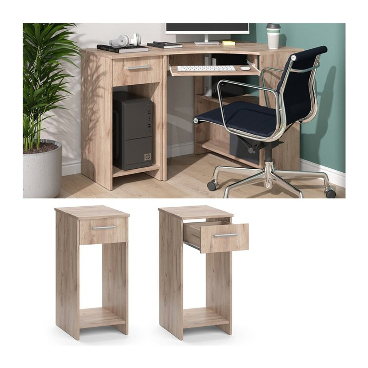 Vicco PC-Schrank Odin in Eiche Natur mit Schublade und PC-Fach, Unterschrank, Breite: 35,1 cm, Höhe: 77 cm, Tiefe: 45 cm - Bild 1