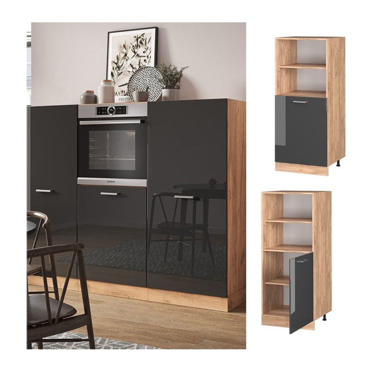 Vicco R-Line Backofenumbauschrank Küchenschrank in Eiche und Anthrazit mit Drehtüren und 60 cm Breite - Bild 1